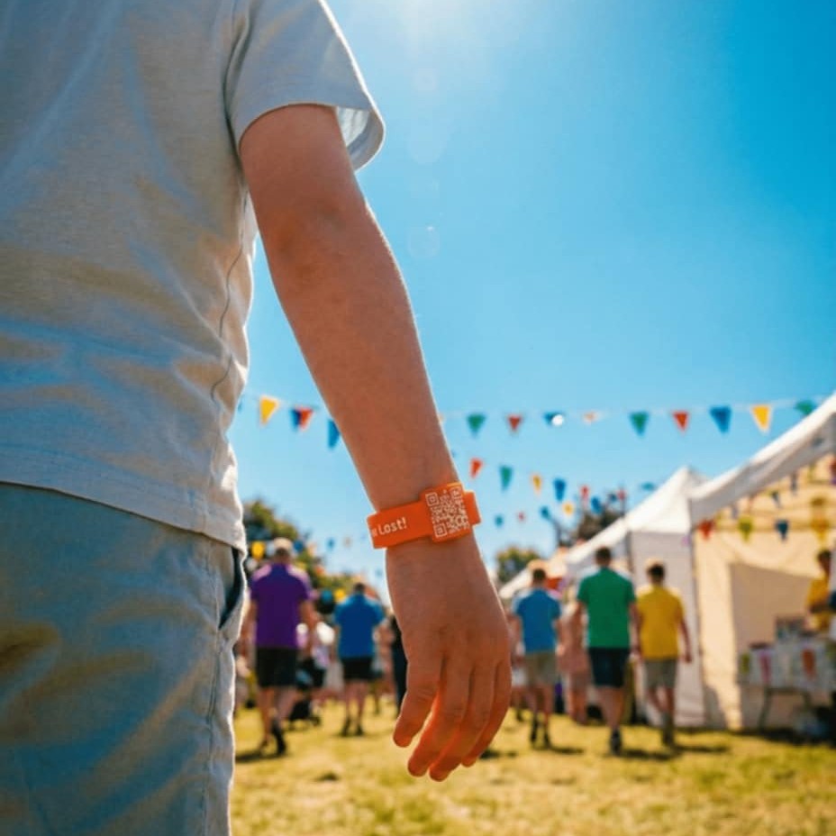 Child's wrist wearing an orange Quick Return QR-code wristband